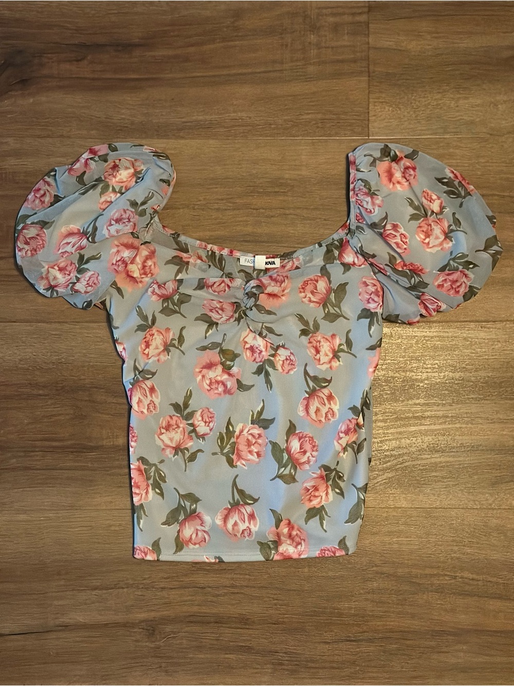 Fashion Nova Blue Floral Puff-Sleeve Crop Top